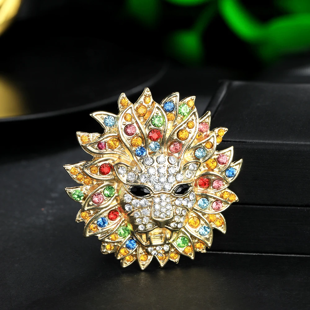 Luxury Colorful Crystal Paved Sun Lion Lapel Pins Dazzling Women Girls Party Dress Golden Rhinestone Corsage Brooches
