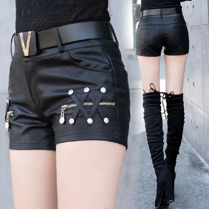 Czarne szorty ze sztucznej skóry damskie seksowne krótkie spodnie moda Punk metalowe nitowe zamki szorty zimowe krótkie spodnie skórzane na zewnątrz