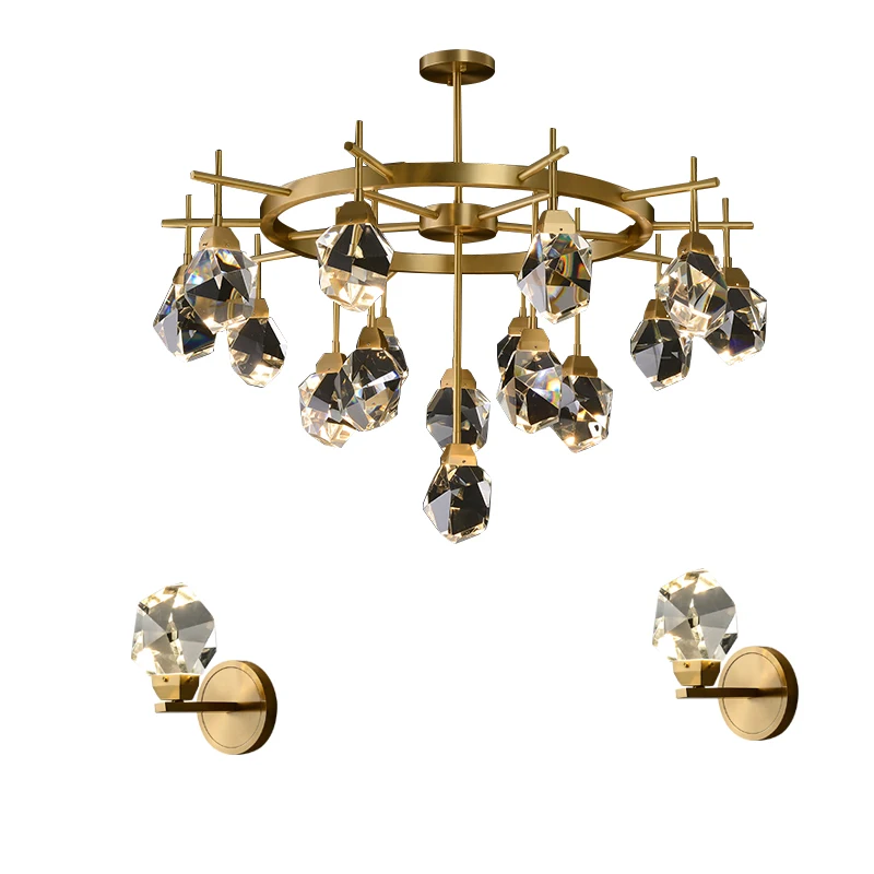 

Postmodern Luxury Diamond Shape Crystal Chandeliers Led Elegant All Brushed Copper Light Fixture for Dining Room Living Area