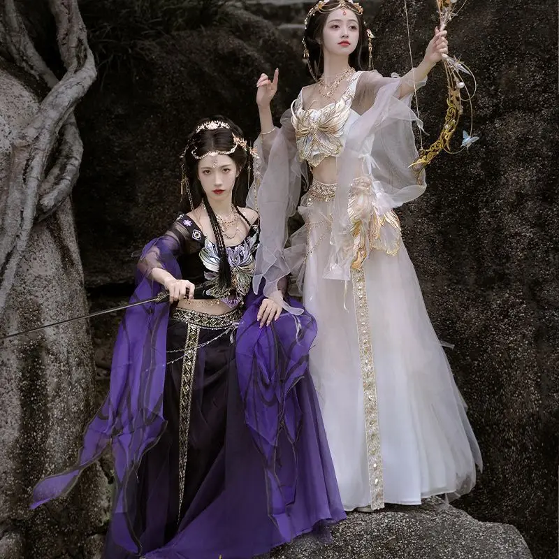 Chinese Hanfu Dress Women Traditional Embroidery Hanfu Carnival Halloween Fairy Cosplay Costume Purple&Beige Hanfu Costume