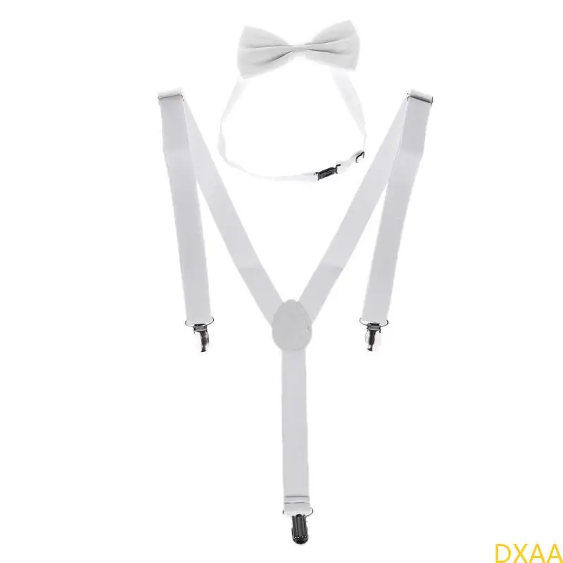 

DXAA Unisex Adjustable Y-Back Suspenders Bow Tie Set Clip-On Braces Elastic Wedding