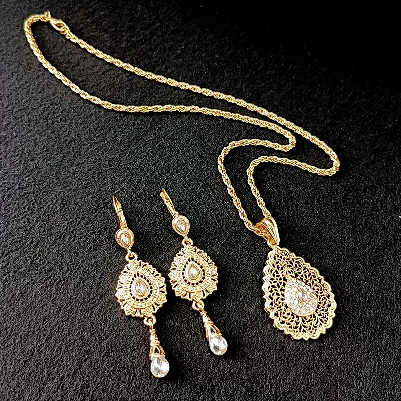 Moroccan Wedding Jewelry Set Gold Color Drop Earrings Algerian Ladies Pendant Necklace Arabian Bridal Jewelry Party Gifts