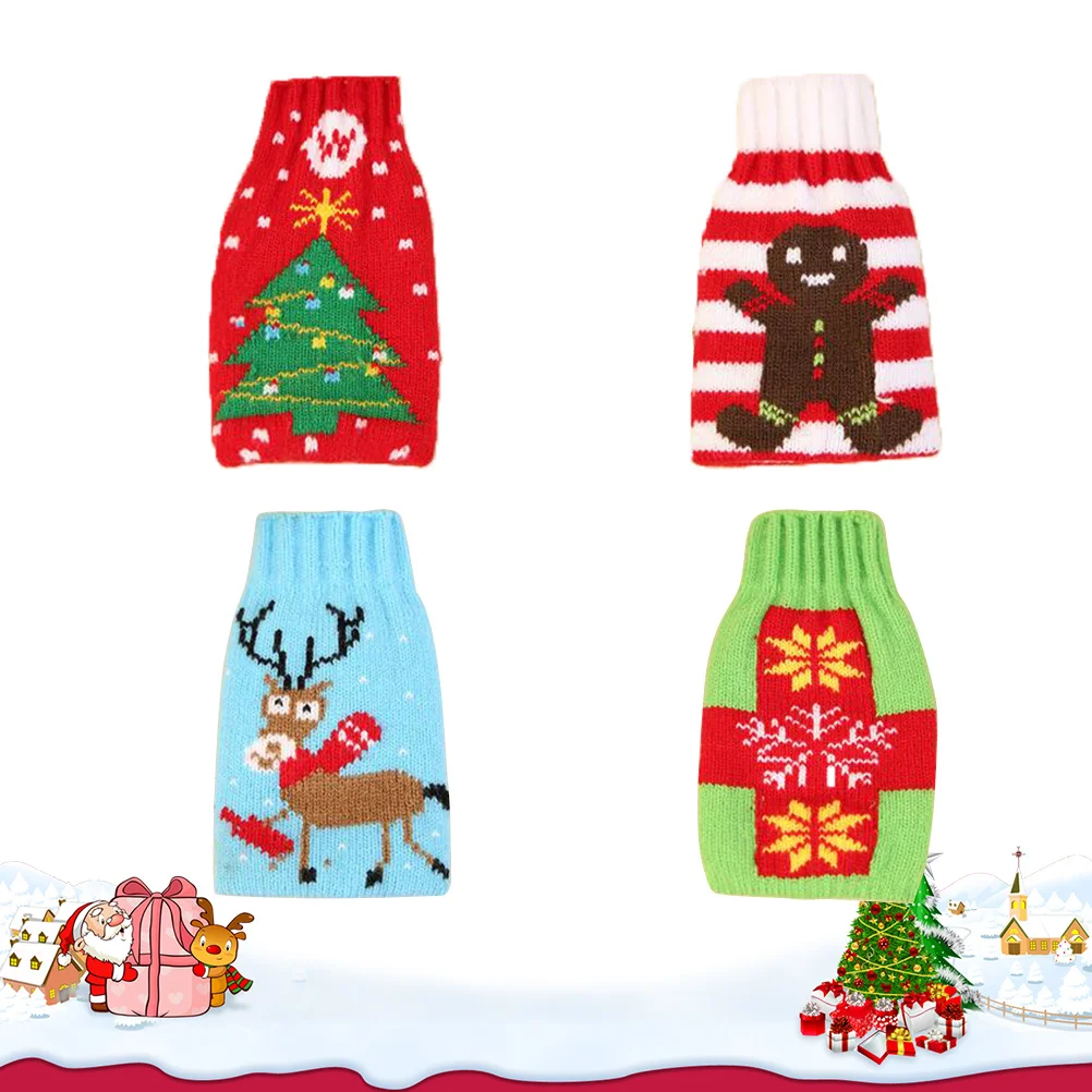 

4pcs Christmas Wine Bottle Cover Knitting Bag For Beer Bottle Decor Snowflake Tree Elk Gingerbread Man Design Party Gift Pouch