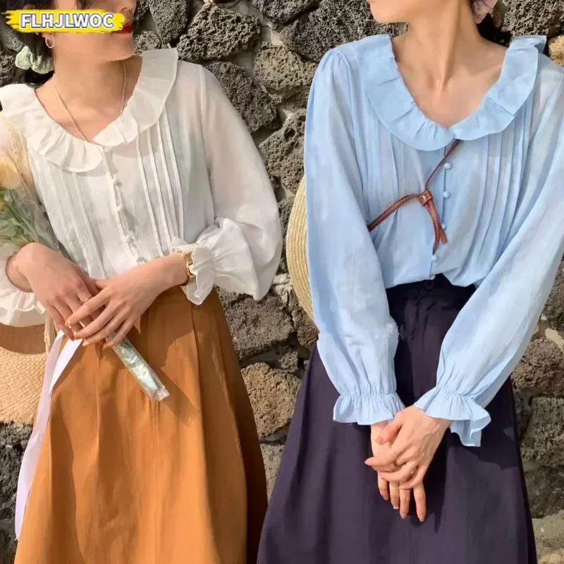 Estilo japonês coreia chique topos verão feminino manga alargamento camisa blusa estilo preppy meninas doce bonito rosa babados retro vintage topo