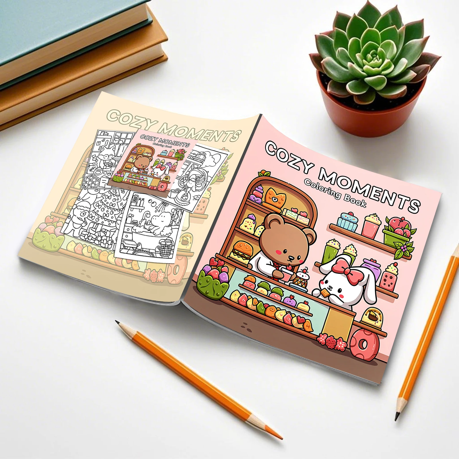 Cozy Moments Themed Coloring Book Cute Bear & Bunny Cafe Illustrations Relaxing Graffiti Drawing & Stress Relief Art Gift