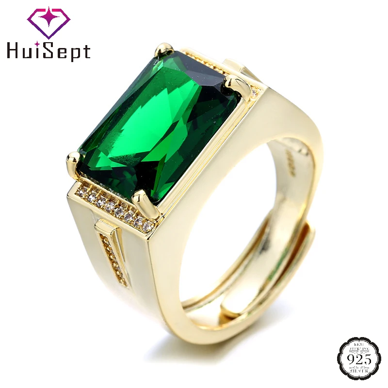 

HuiSept Trendy Men Ring 925 Silver Jewelry Emerald Zircon Gemstone Open Finger Rings Ornaments for Wedding Engagement Party Gift