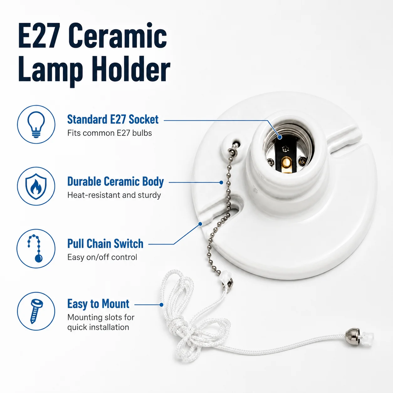 JOYINLED 1/10PCS E26 E27 Lamp Base Porcelain Bulb Holder Top Wired Lamp Holder with Pull Chain 660W Incandescent/Fluorescent/CFL
