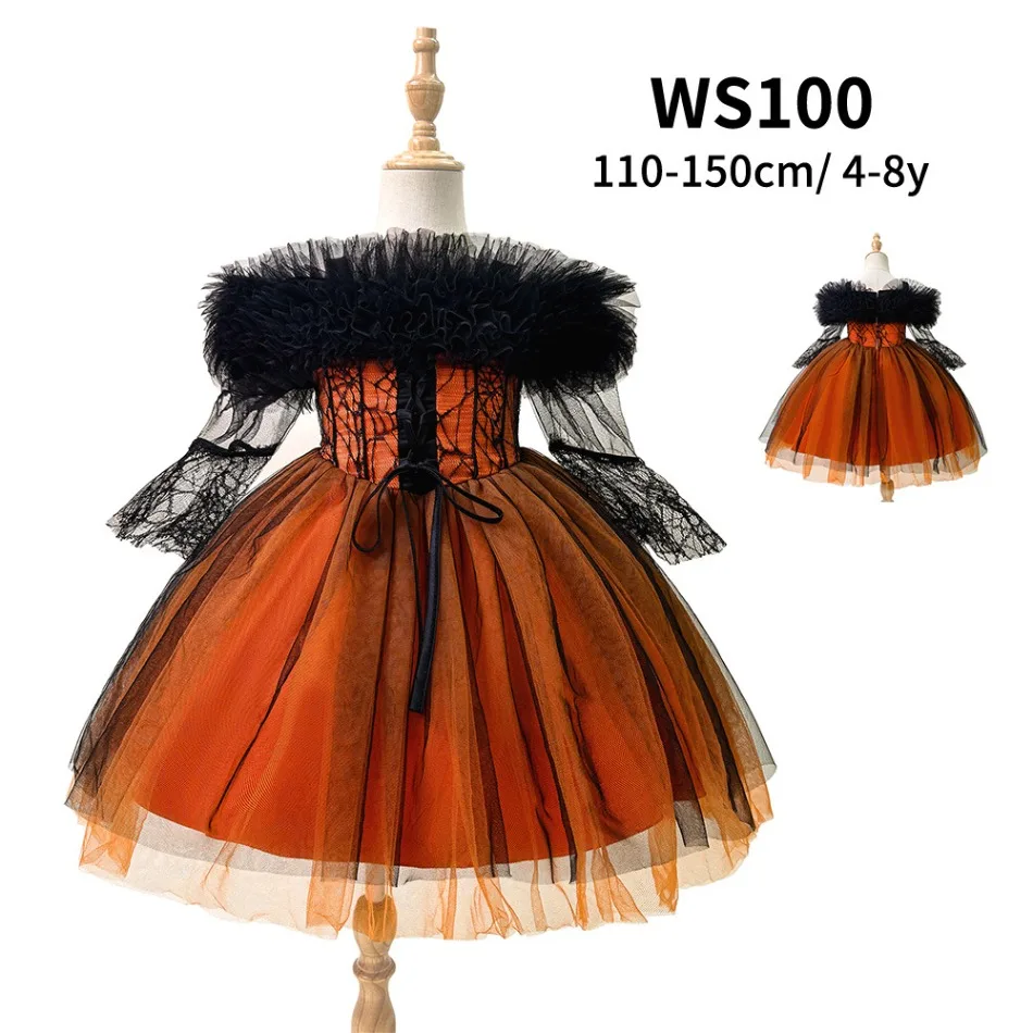 Mädchen Halloween Off-Shoulder Feder-Spitzenkleid Kinder Spinnennetz Tüll Tutu Kleid Schwarz Orange Cosplay Party Kostüm ASQ03 – Detail 2