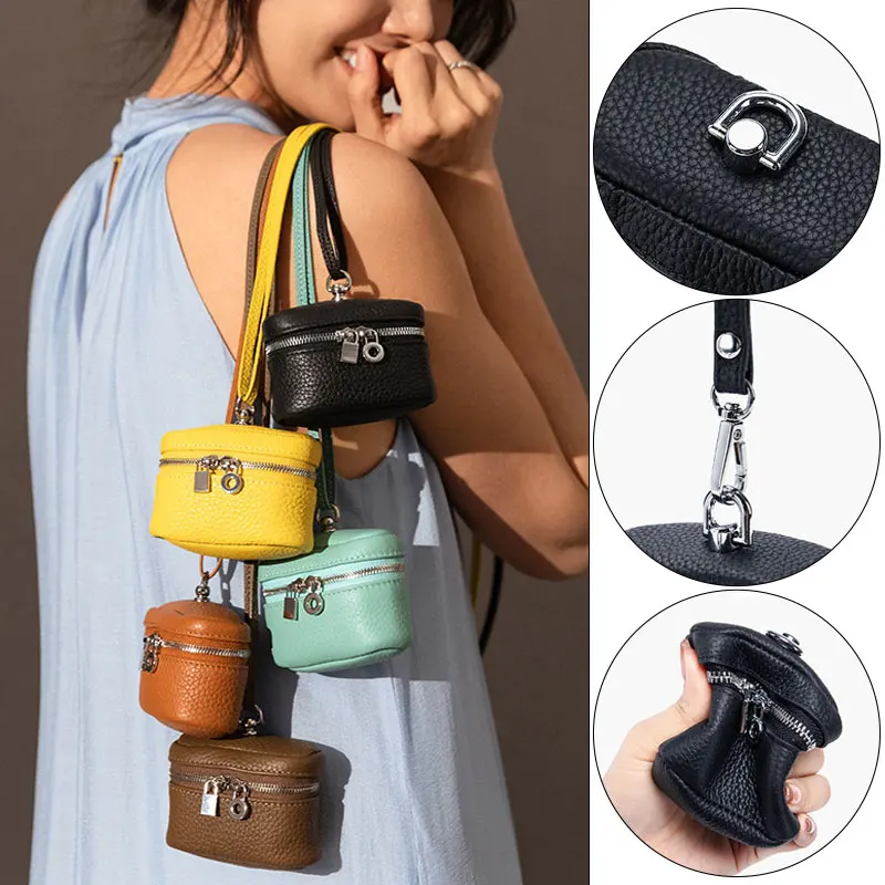 Compact Real Leather Neck Wallet Mini Hanging Lipstick Makeup & Earphone Pouch, Portable Crossbody Bag for Women