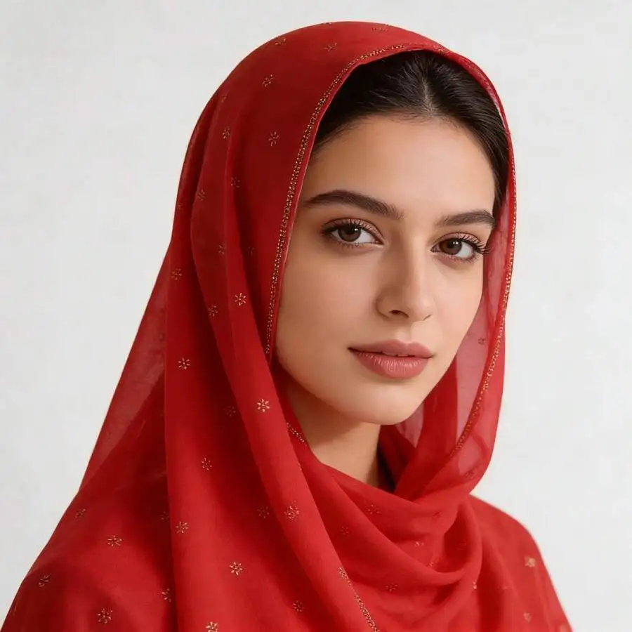 

Elegant Red Chiffon Headscarf With Floral Glitter Trim For Women