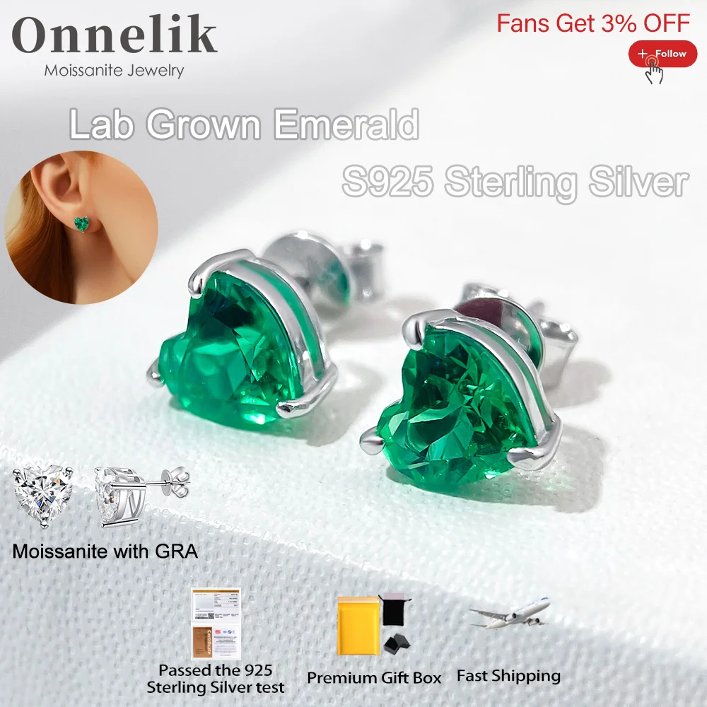 

Onnelik 1CT Серьги-капли из настоящего муассанита в форме сердца S925 Серьги из чистого серебра с выращенным в лаборатории изумрудом Колумбии для женщин Изящные ювелирные изделия