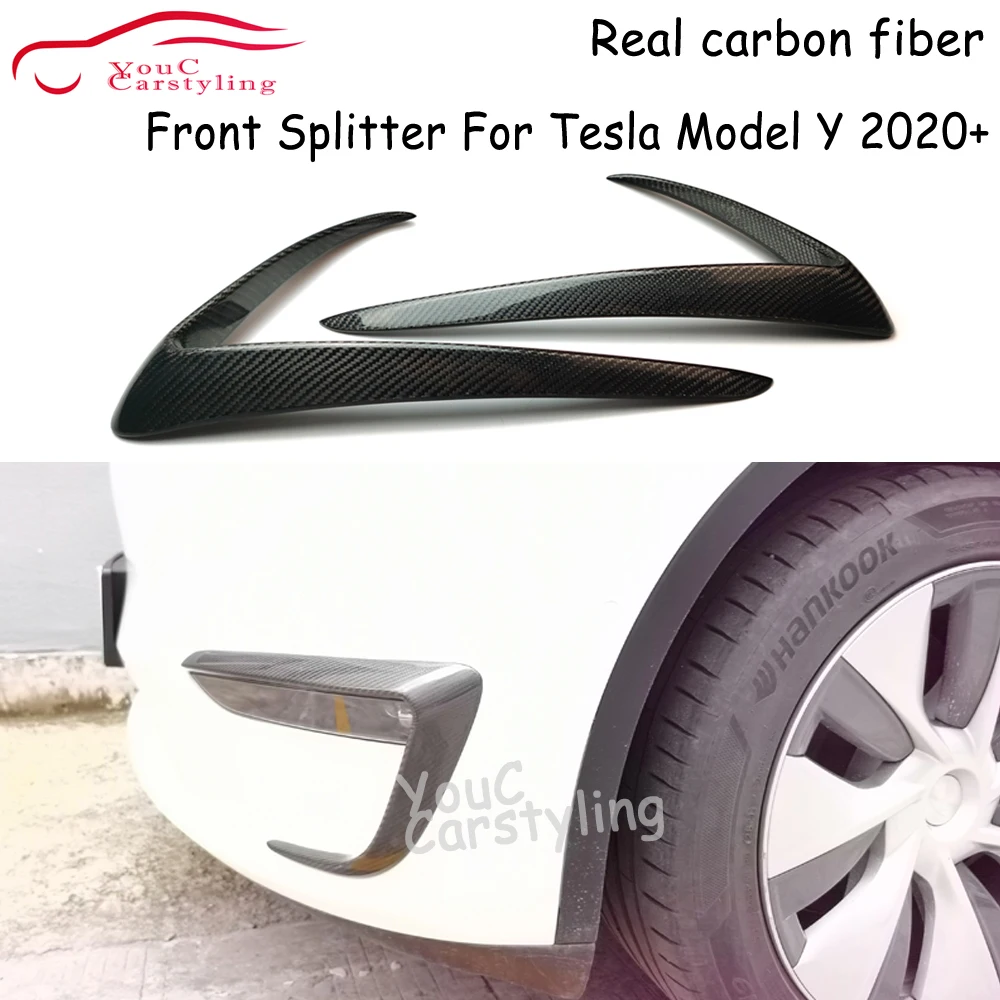 

2pcs Carbon Fiber Front Bumper Canards Splitter For Tesla Model Y Air Knife Splitter 2020+Fog Lamp Trim Cover