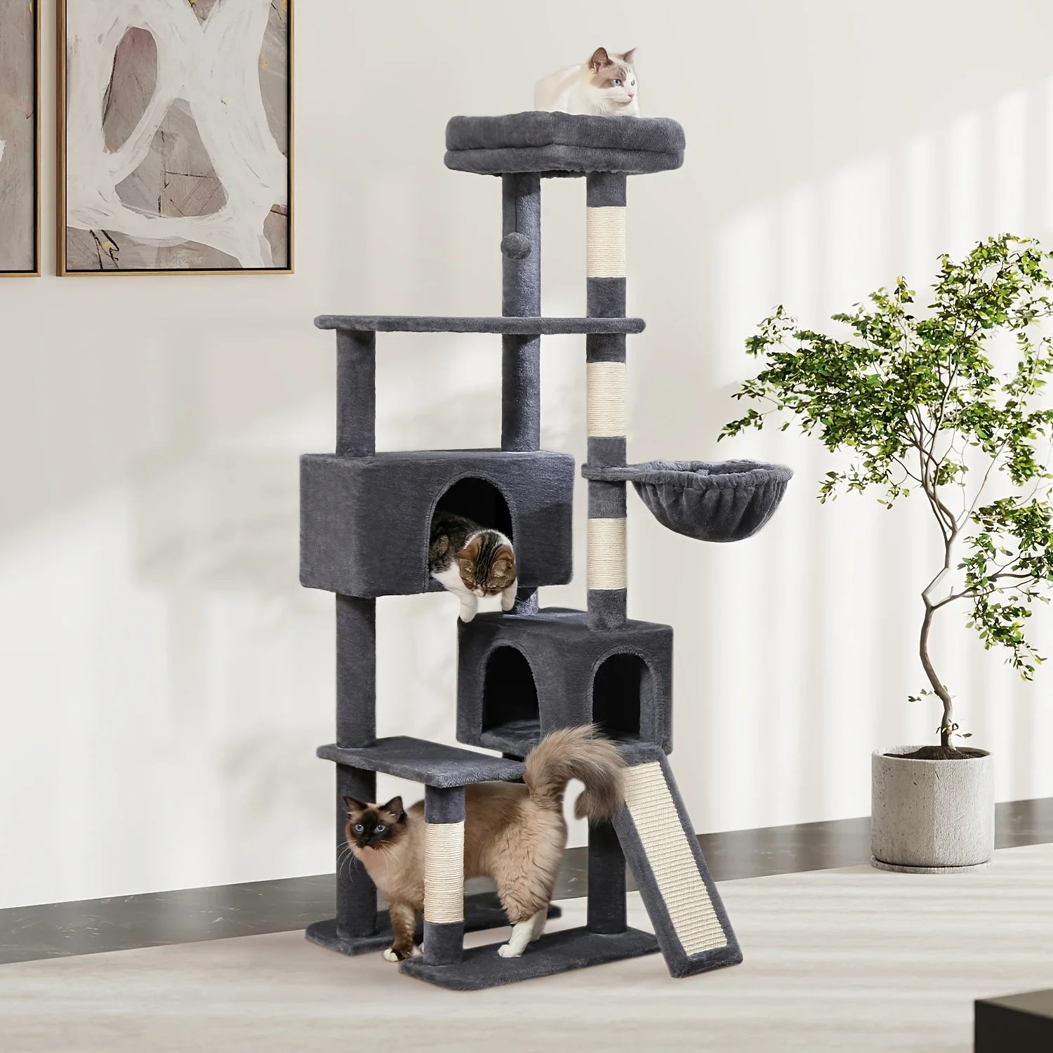 

Multi-Level Cat Tree Tower Measuring 70 by 60 Inches, Designed for Indoor Felines. It Features a Plush And Wooden Condo, Scratch
