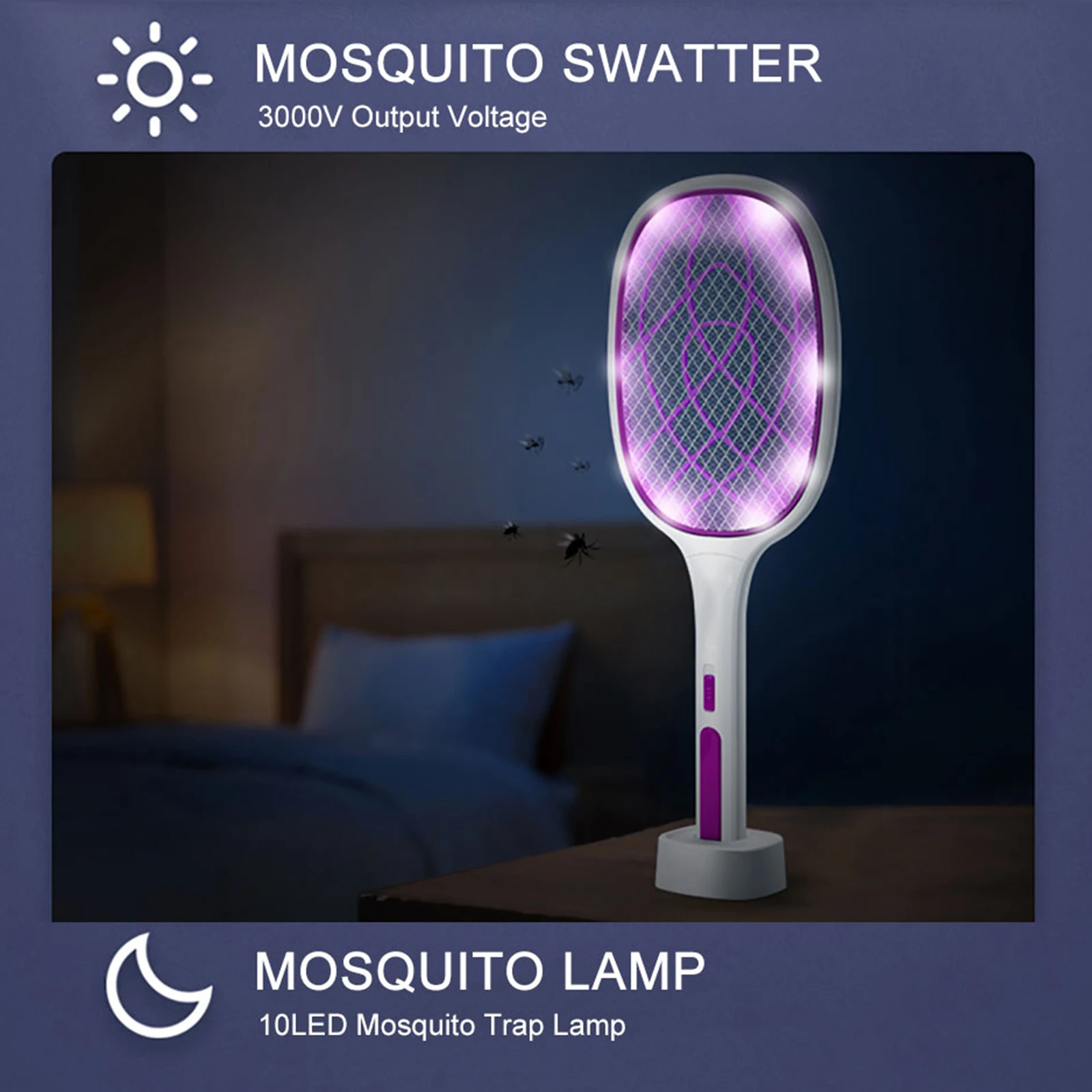 

Upgraded 3000V Mosquito Swatter with TYPE-C Charging 3 in 1 Electric Mosquito Killer Lamp Handheld Fly Swatter Bug Insect Racket