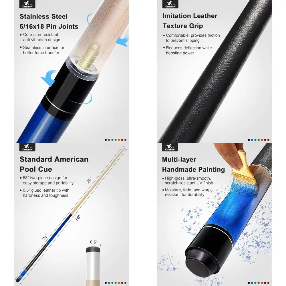 

Set of 2, 58 Adult Pool Cues with 13mm Tips and Leather-Like Grips, Billiard Sticks in 2 Weights and Colors for Home or Bar