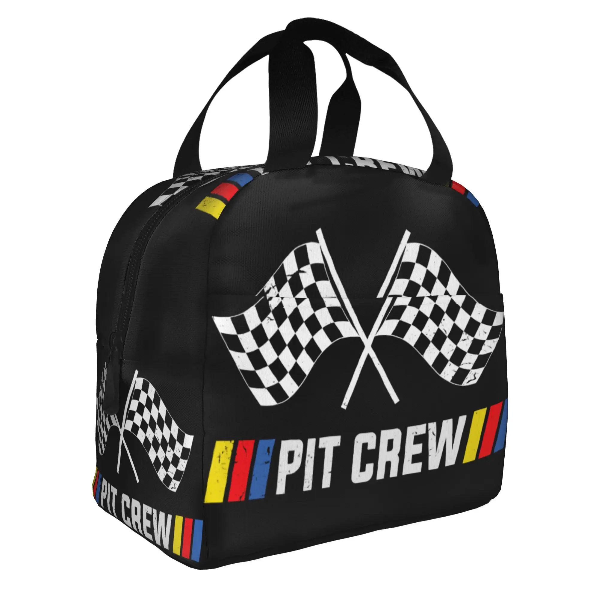 Race Car Pit Crew Checkered Flag Thermal Insulated Lunch Bag Women Racing Sport Portable Lunch Tote for School  Food Box