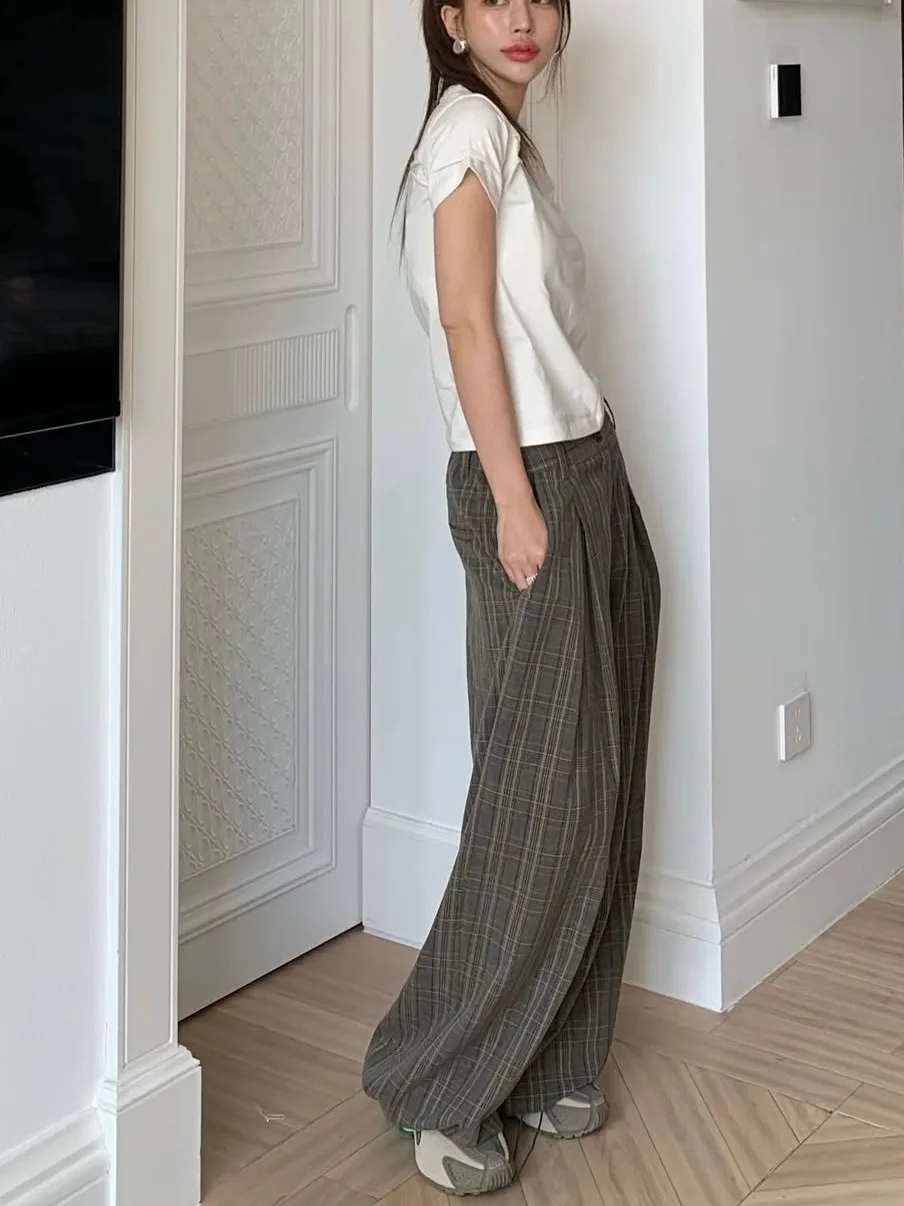 New High Waist Plaid Loose Casual Pants Women Long Pants Lazy Sle Versatile Slimming Design Wide Leg Pants