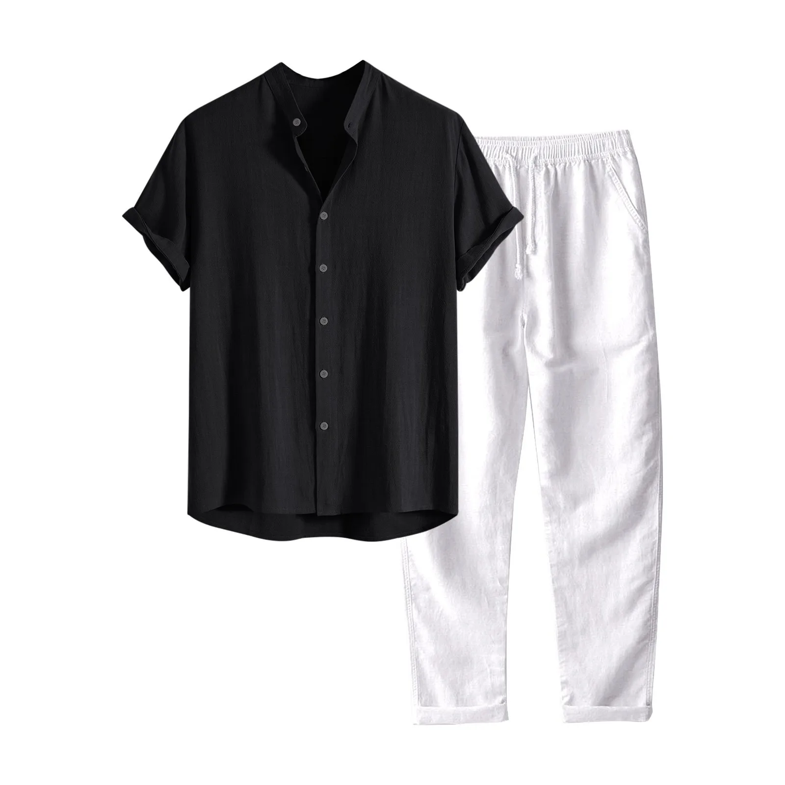 

Cotton Linen Blend Retro Elegant Men'S Two-Piece Casual V-Neck Henry Long Sleeved Shirt Drawstring Pants Autumn Set