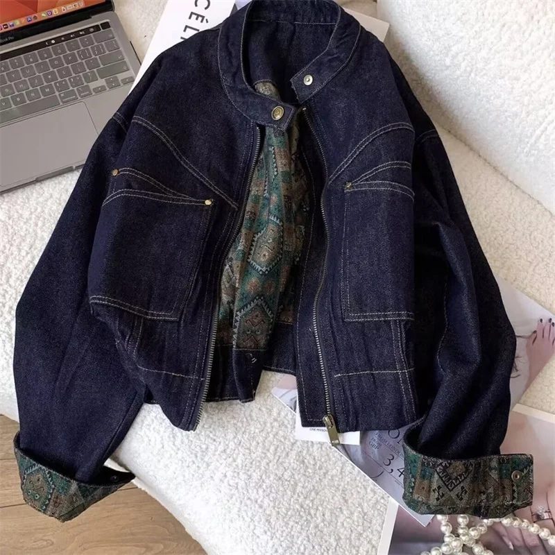 Retro Women Printed Patchwork Denim Jacket Autumn Female New Long Sleeves Jeans Outwear Spring Ladies Round Neck Cowboy Top Coat