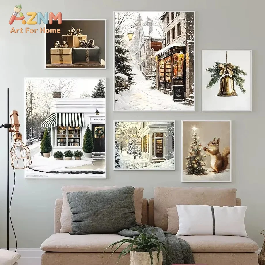 1PC Winter Cabin Sleigh Snowman Christmas Tree Gift Squirrel Posters Prints Canvas Painting Wall Art