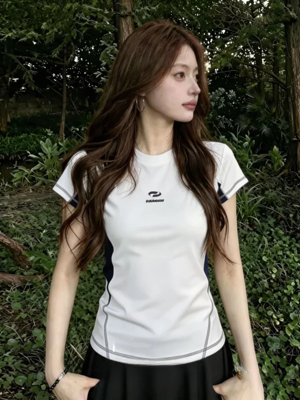 Slim Fit Korean Style T-Shirt plus Size Color Block Shoulder Insertion Daily Commute Top for Plump Women Hidden Waist Design