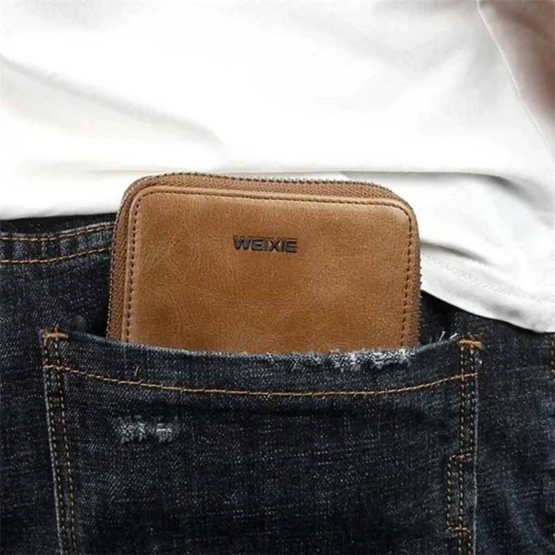 WEIXIE Reißverschluss-Geldbörse Leder Bifold Zip-around Geldbörse Kleine Kurze Münz-RFID-Geldbörse – Detail 3