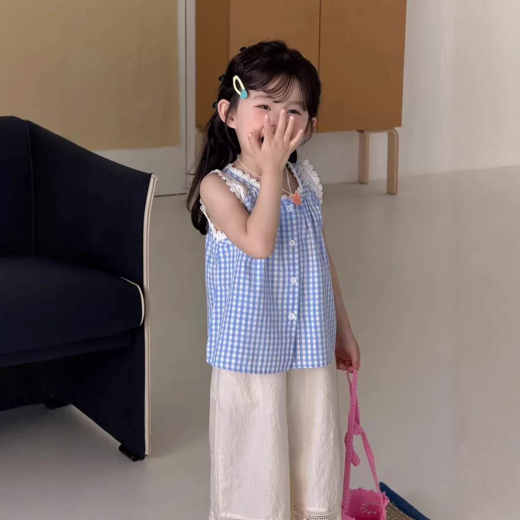 

2026 New Summer Kids Girls Plaid Shirt Cute Lace Trim Long Sleeve Blouse Casual Sweet Tops for Toddler Girls