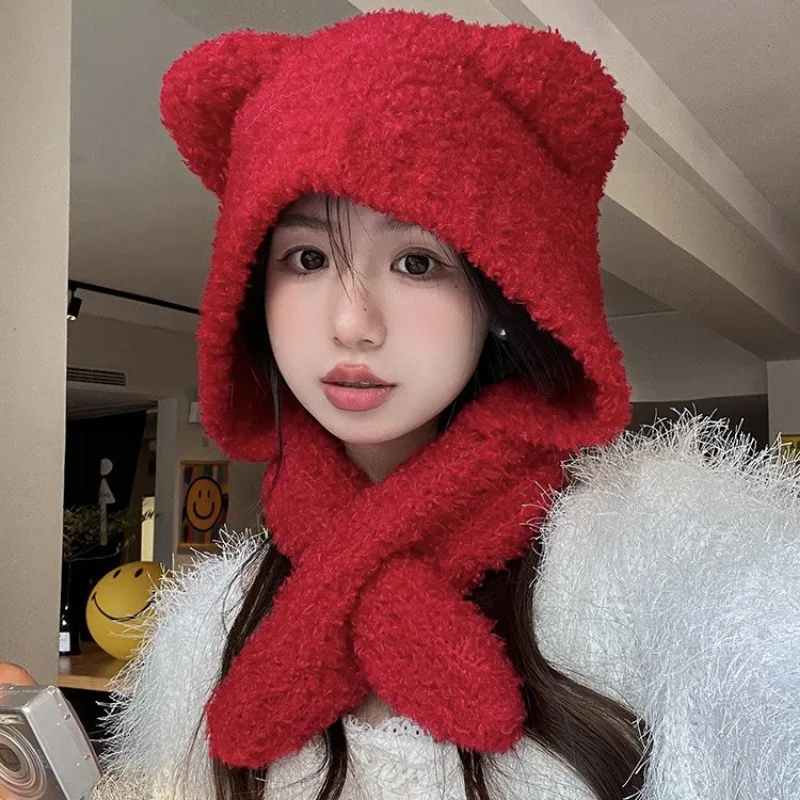 Winter Solid Color Scarf Hat Integrated Plush Bear Ears Knitted Pullover Cap Outdoor Riding Warm Ear Protection Bomber Hats