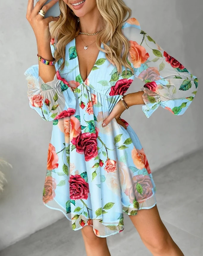 

Women's Summer Dress, Sheer Lantern Sleeves, Cool and Fresh Flower Print, Deep V-Neck, Mesh Patch, Casual Dress