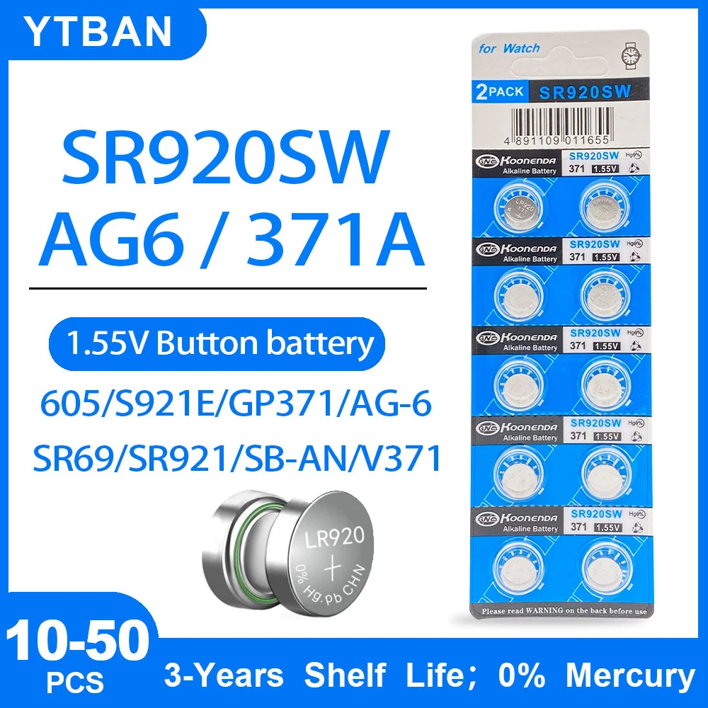 

10-50PCS 1.55V AG6 371 SR920SW LR920 SR927 171 370 L921 LR69 SR920 Button Batteries For Watch Toys Remote Cell Coin Battery