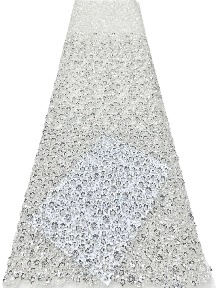 New High Quality Premium Grade African Tulle Lace Fabric  Nigerian Sequins Beads Tulle Lace Fabric For Wedding Dress
