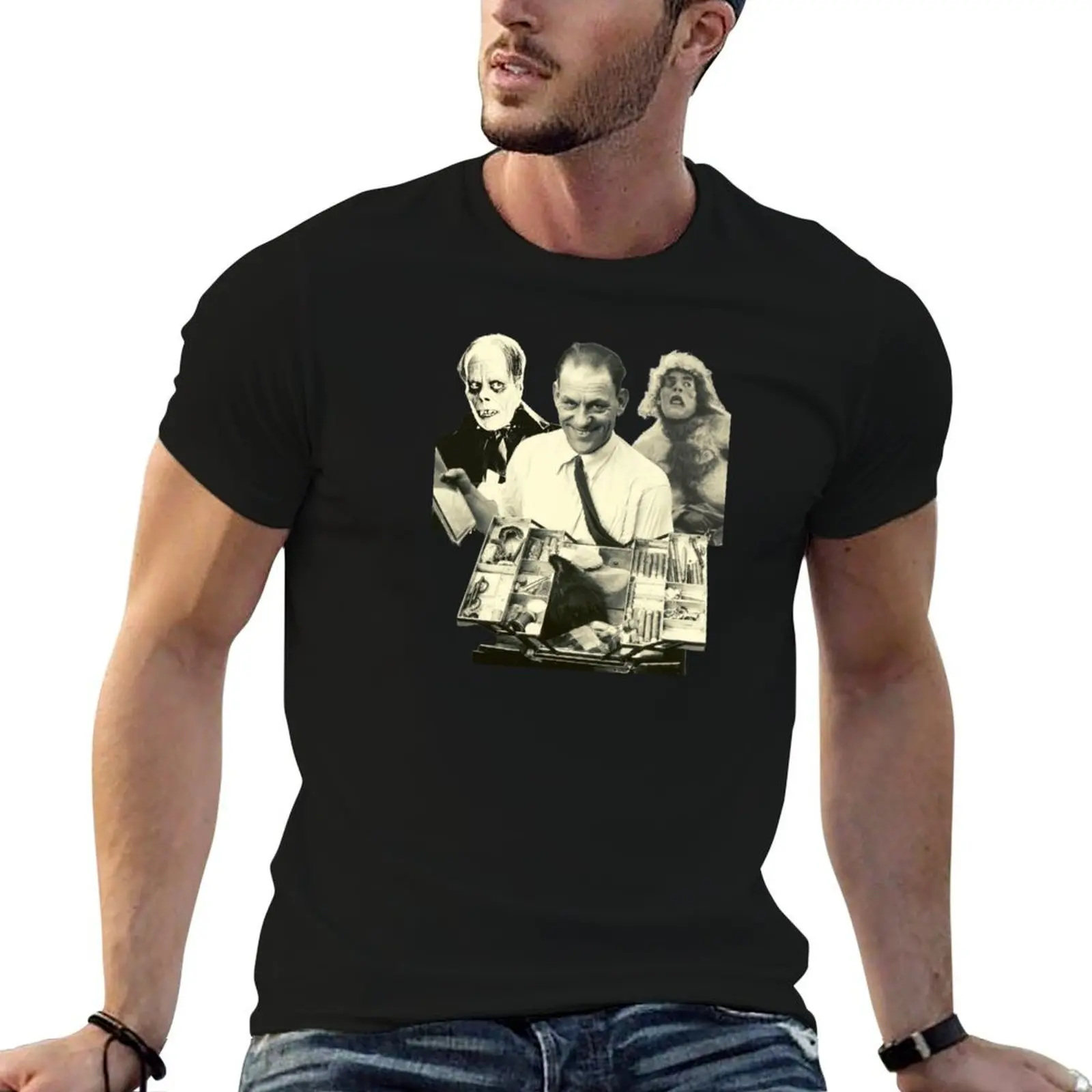 Horror Icon Lon Chaney with his Film Make Up Kit T-Shirt Work Utility Casual Tee Shirt