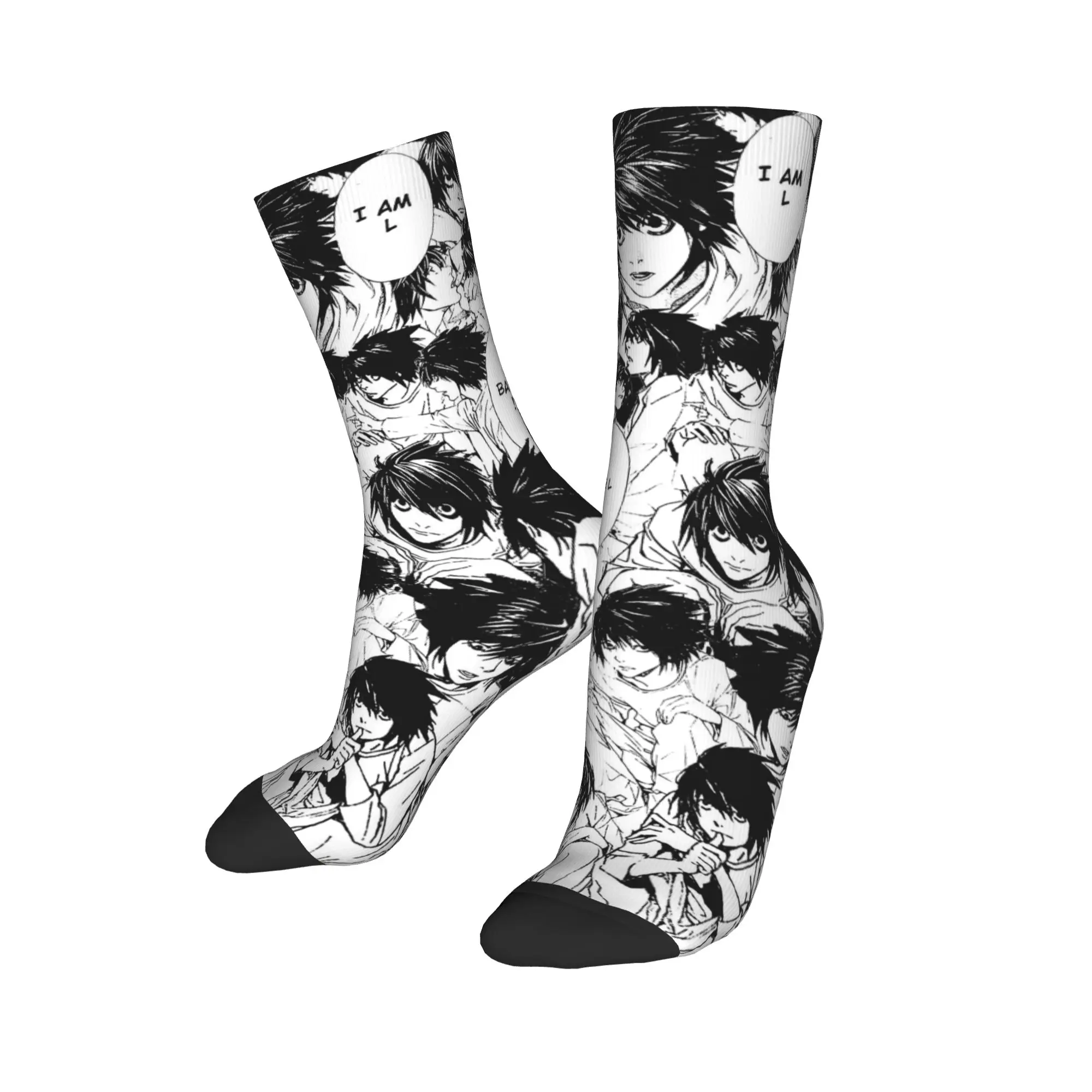 

Harajuku Deathnotes Lawliet Collage Баскетбольные носки Синигами Аниме Полиэстер Средние носки-трубы для женщин и мужчин Впитывающие пот