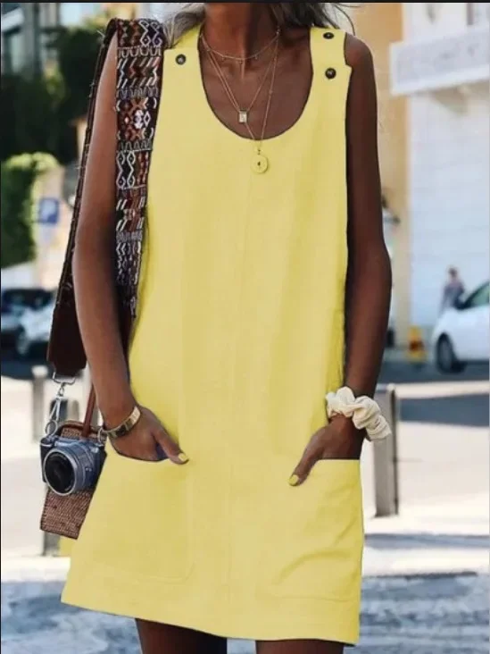 2019 New Summer Pocket Button Cotton Linen Dress Casual Style Sleeveless Cross-Border Wish Ebay Fashion Trend Dress