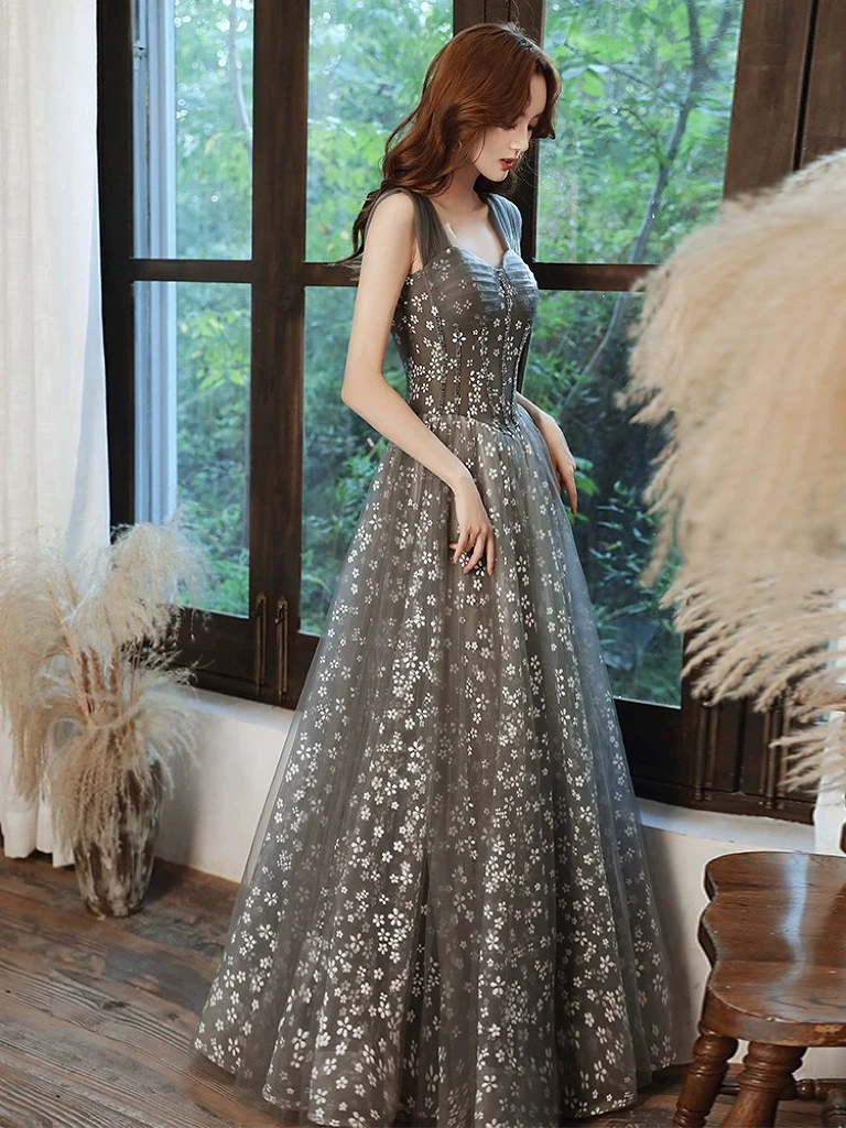 

Vintage Celebrity Dresses Spaghetti Strap Tulle Gray Flower Sweetheart Printed Lace-up Corset Elegant Beading Evening Gowns