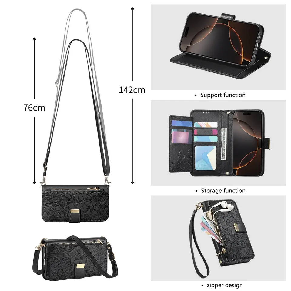 Funda de Cuero con Cremallera, Billetera y Ranura para Tarjetas para iPhone 16E 16 Plus 15 14 13 12 17 Pro Max con Correa para Muñeca 2
