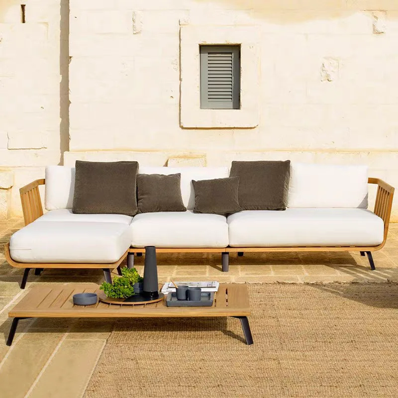 Teak Sofa Set, Designed Patios Gardens, Featuring Wicker Chairs, Suitable For Villas Outdoor Spaces, And Mad