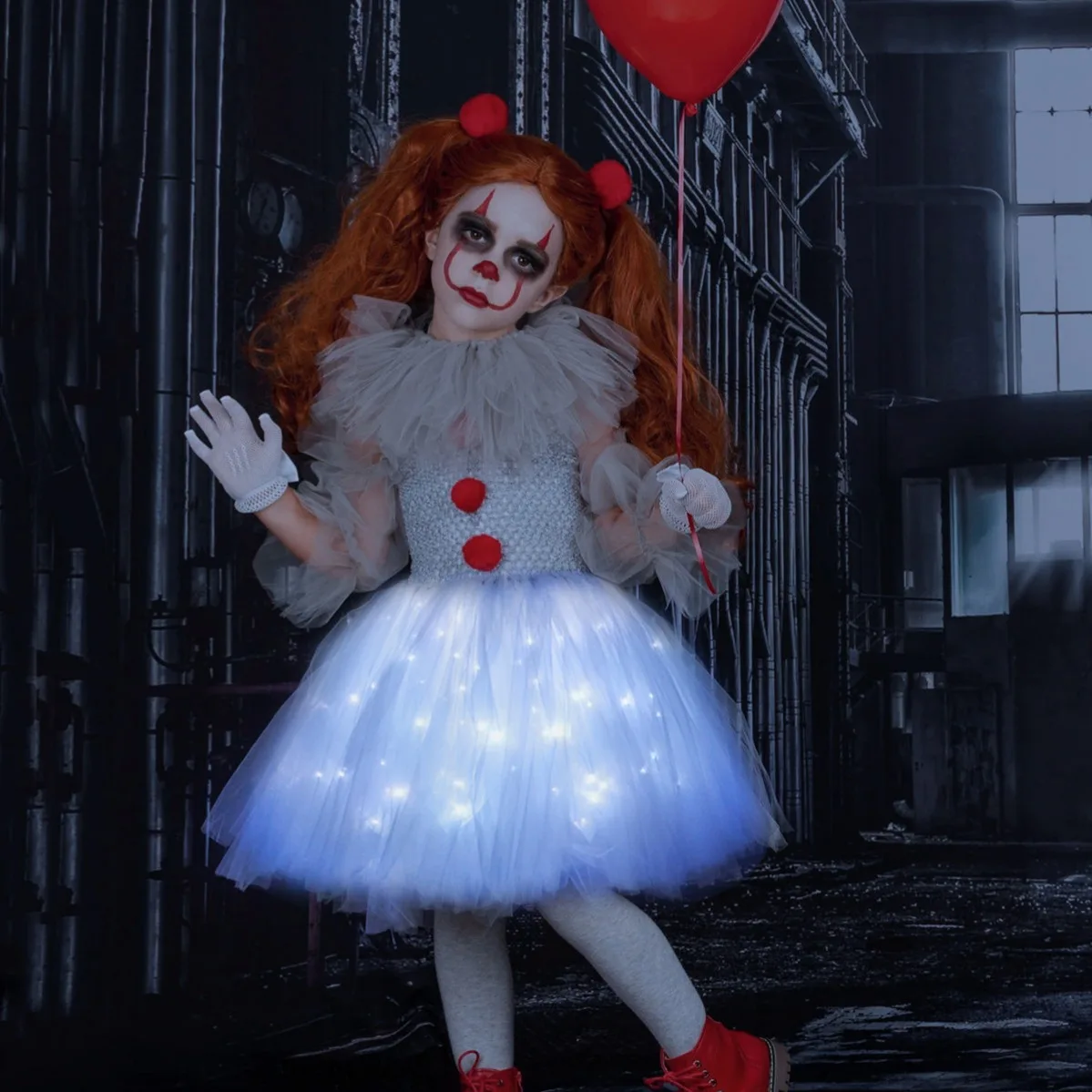 Halloween Gray Joker Girls  LED Light Up Costume Tutu Dress Creepy Clown Kids Carnival Party Cosplay Clothes Toddler Tulle Dress