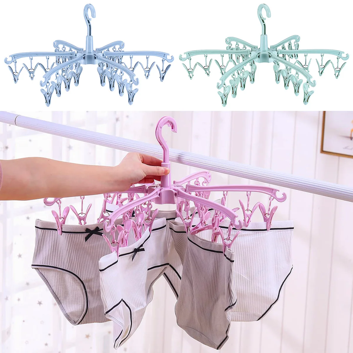 24 Clips Sock Drying Rack Plastic Laundry Clothes Hanger Rotatable Hanger Sock Dryer Convenient Clothes Drying Rack Folding Rack