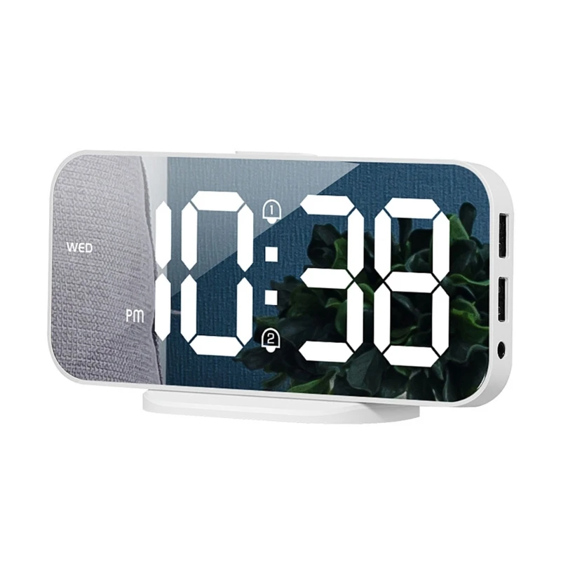 Mirrored Digital Alarm Clock Snoozes Table Clock 12/24 Hour 2 Alarms USB Output USB Rechargeable LED Clock for Bedroom