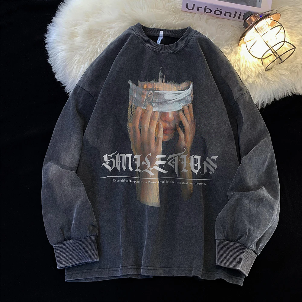 

Men's Washed Black Sweatshirt Blindfold Portrait Print Long Sleeve Tshirt Gothic Round Neck Tops Autumn New Male Sweatshirts