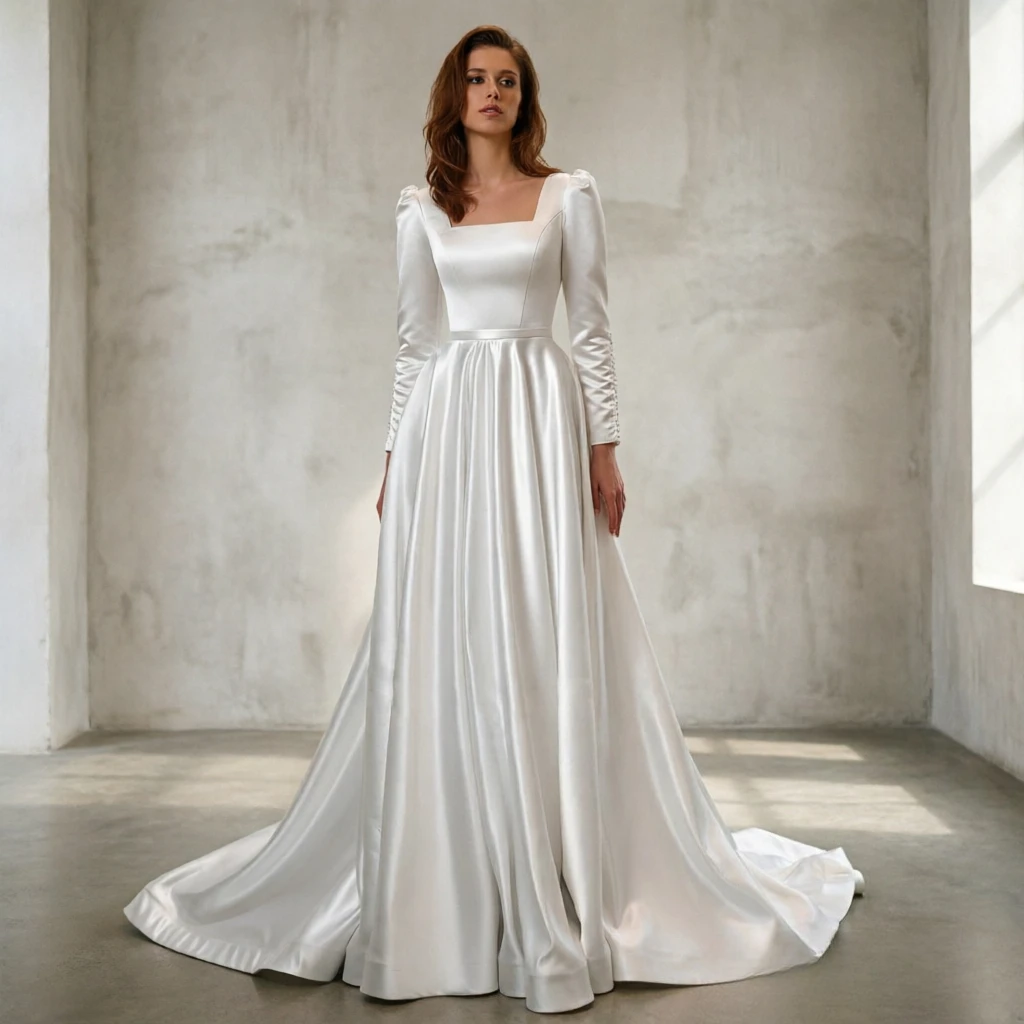 Customized Elegant Square Neck Satin Pearls Buttons Long Sleeve Floor Length Wedding Dresses 2026 New A Line Muslim Bridal Gowns