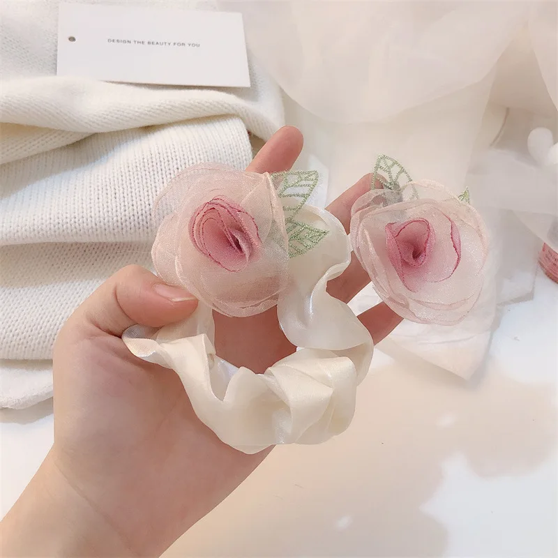 ربطات شعر أنيقة على الطراز الكوري للنساء على شكل ذيل حصان، أربطة شعر مرنة حلوة، أربطة شعر بناتي بنمط زهور لطيفة، أغطية رأس