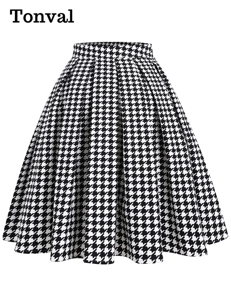 Tonval High Waist Houndstooth Plaid 50s Vintage Fashion Pleated Skirt Women Autumn Winter Knee Length Retro Skirts