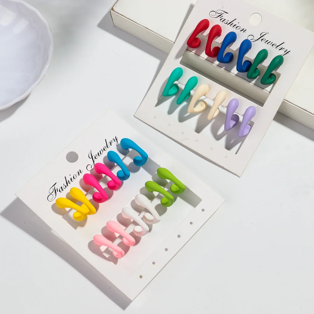 6 Pairs/set Cute Colorful Acrylic Matte Geometric C-Shape Earrings Set for Women Girls Lovely Heart Earrings Fashion Jewelry