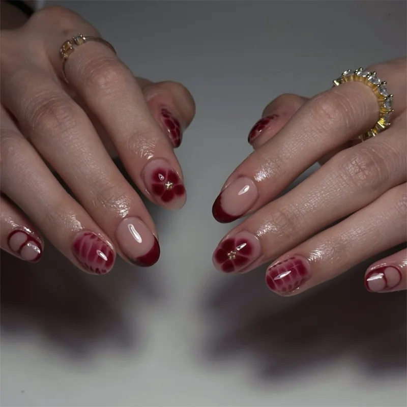 

24pcs Press on Nails French Red Petal Flower Full Coverage Nail Tips for Women&Girl Removable Wearable Nail Art Daily Wear