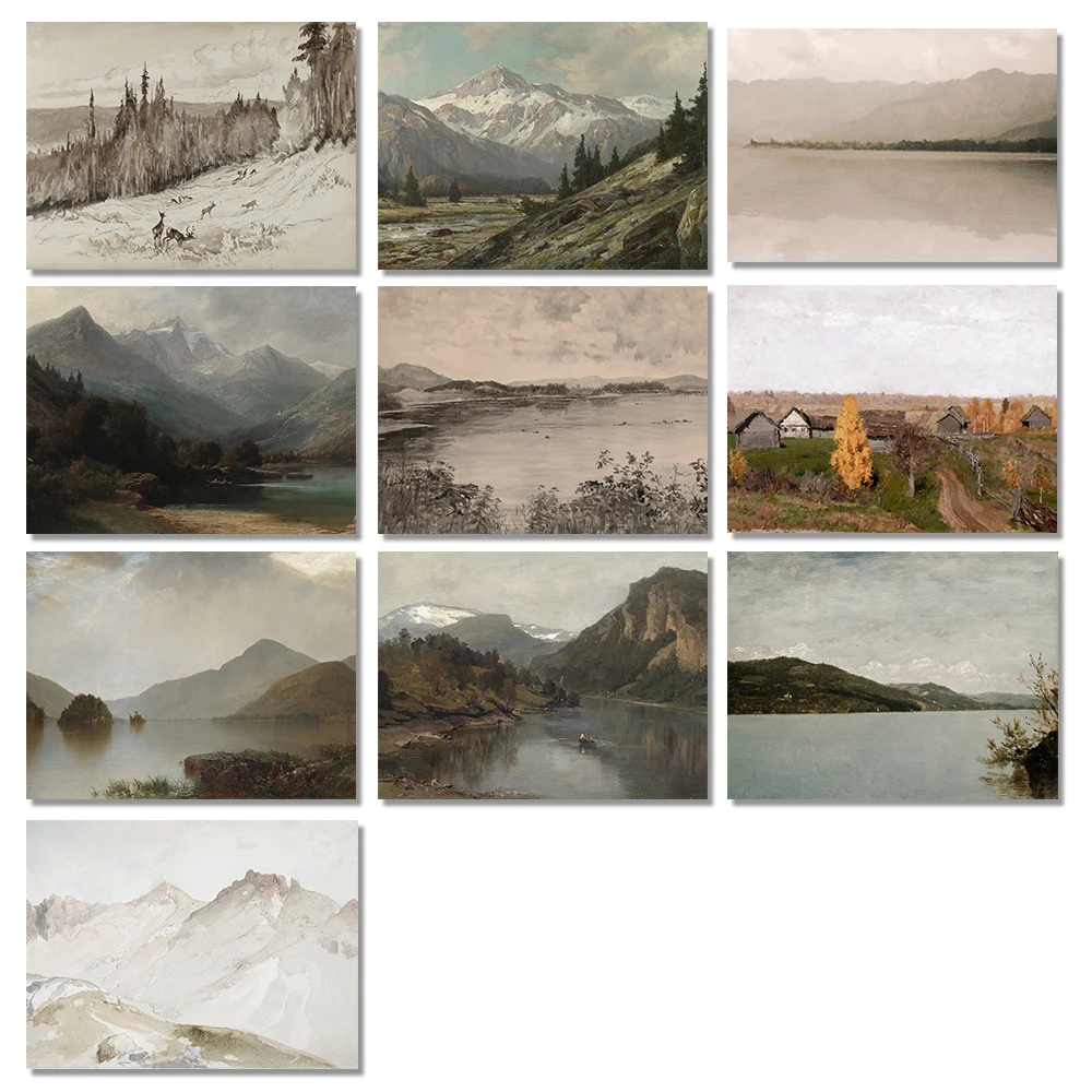 Mountain Forest Landscape Neutral Wall Art Prints Antique Lake Painting Canvas Poster Muted Scenery Print Vintage Country Decor