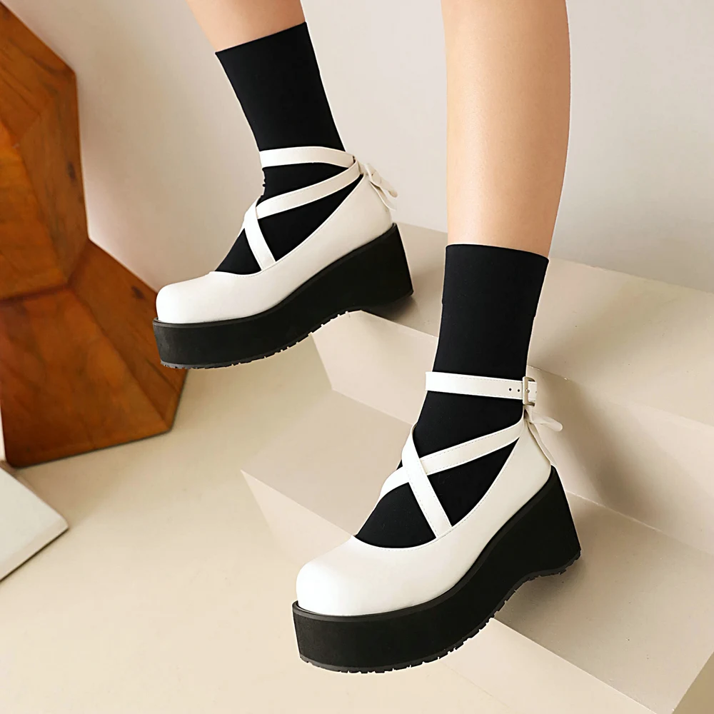 Bowknot Lolita Shoes Platform Heels Women Pumps Japanese School JK Uniform Fashion Girl Rear Bow Tie Thick Sole Mary Jane Buckle