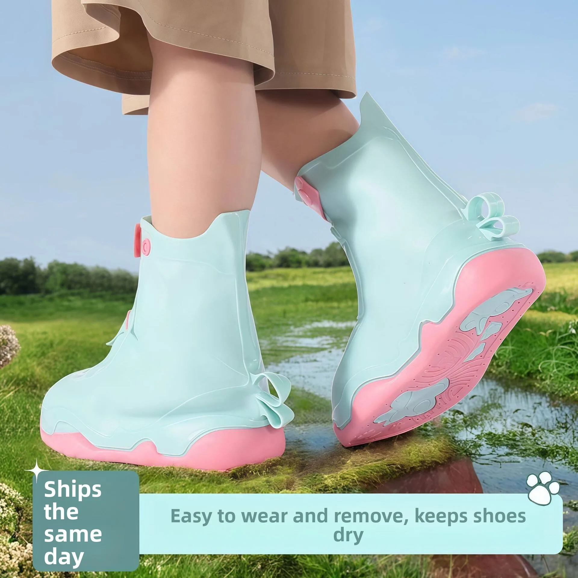 防水防雨靴カバー子供学生学校用滑り止め着用可能な漫画レインブーツカバー滑り止め