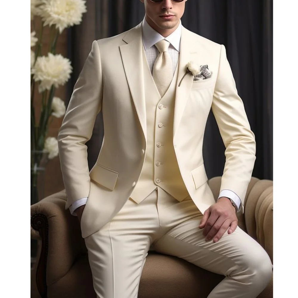 Ivory Notch Lapel Men Suits 3 Piece Summer Fashion Single Breasted Smart Casual Suit Slim Formal Groom Wedding Tuxedo 2024